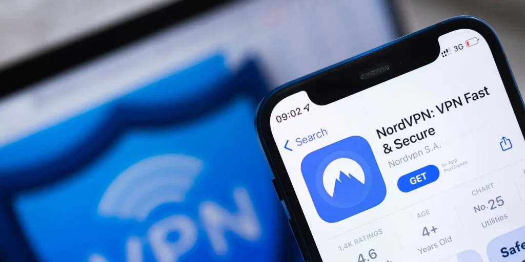 Smartphone displaying NordVPN app store listing with download button and ratings
