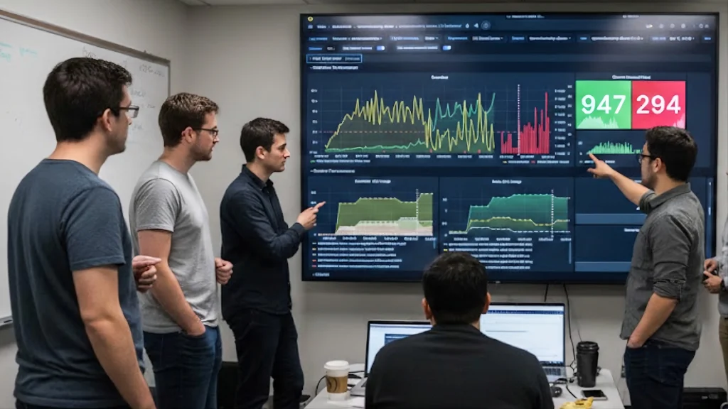 Team of developers analyzing performance metrics and analytics dashboards on a large screen display