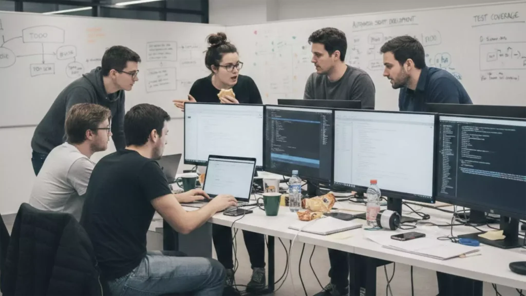 QA team collaborating around workstations discussing test automation strategies with whiteboard notes