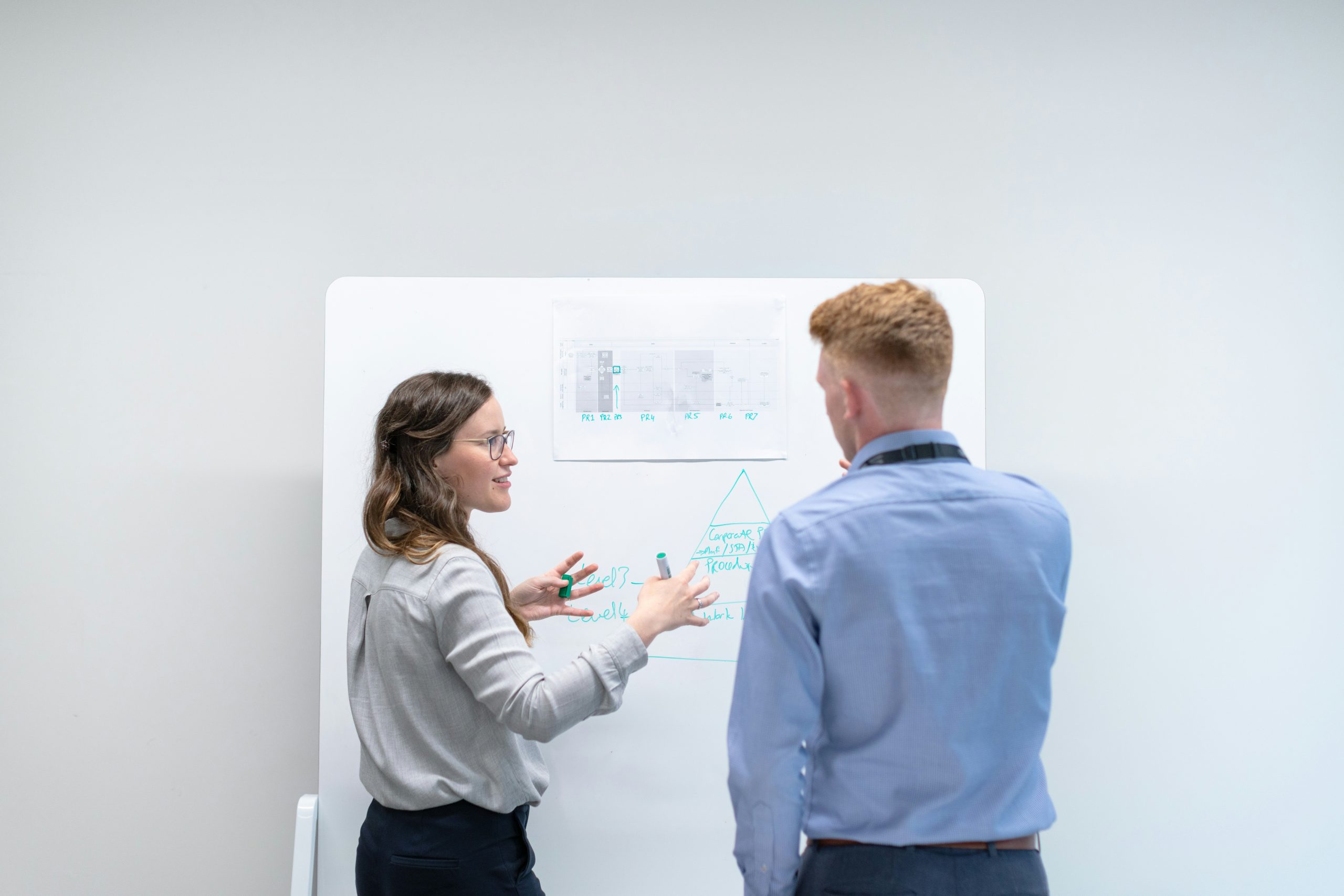 A project manager explaining project details to a coleague in front of a whiteboard